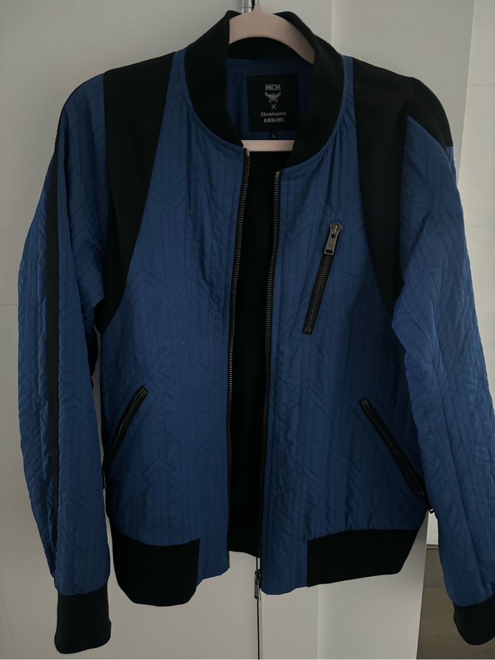 MCM Blue and Black Quilted Bomber Jacket